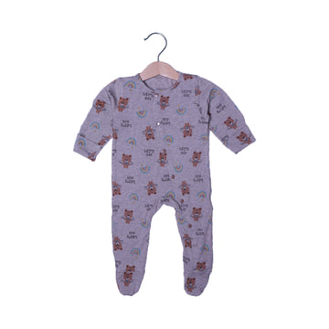 BROWN STRIPES "RAINBOW BEAR" PRINT FULL BODY FULL SLEEVES ROMPERS